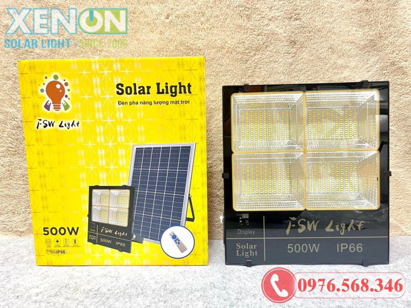 Đèn Pha Năng Lượng Mặt Trời FSW 500W 4 Ô – 3 Chế Độ Ánh Sáng, Chống Nước IP66